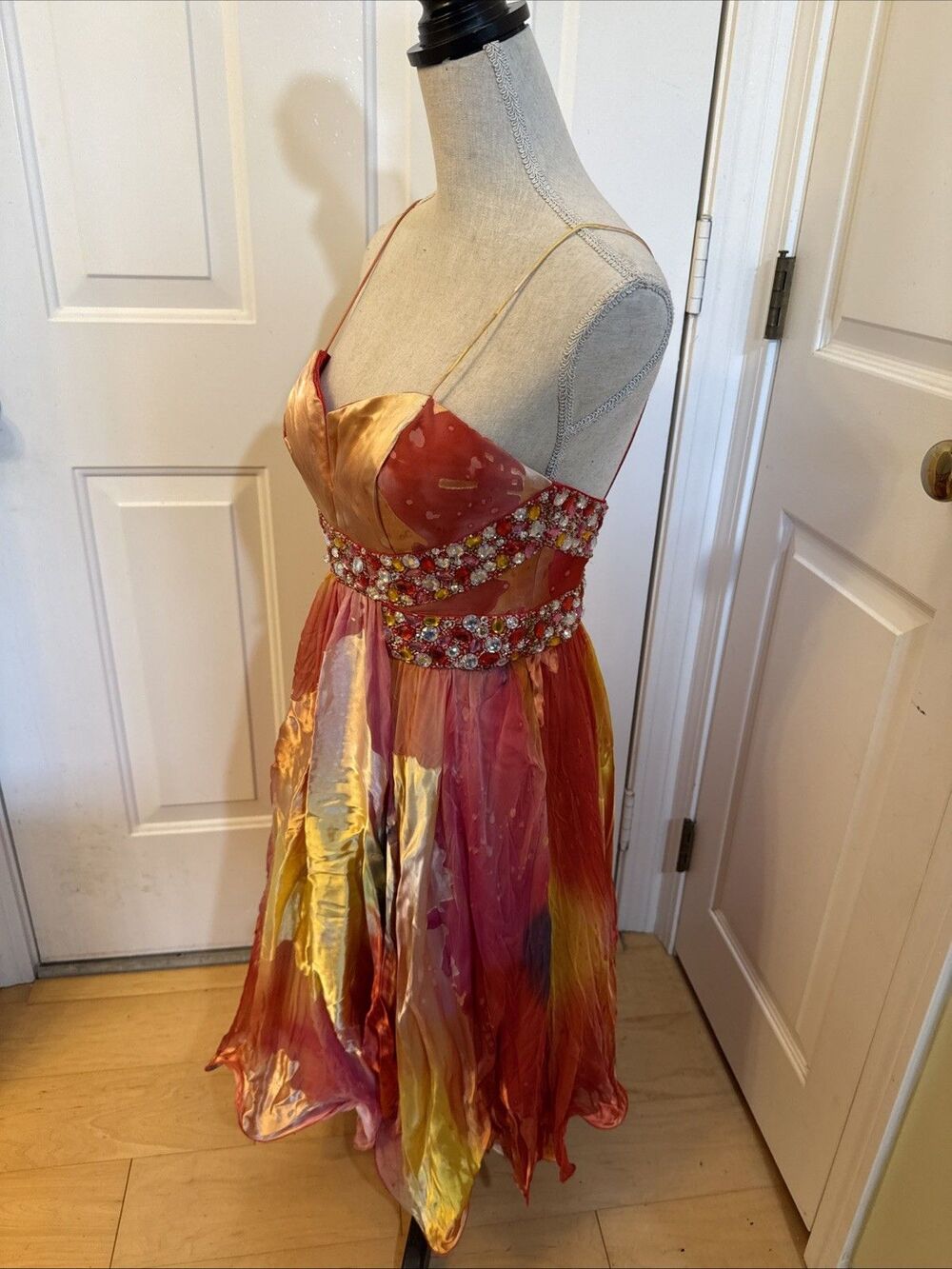 SUNSET COCKTAIL DRESS Blush Prom Orange Print Beaded Cocktail Dress Size 6 - Picture 2 of 9